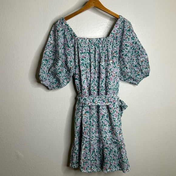 Cleobella 100% Organic Cotton Floral Square Neck Tie Puff Sleeve Mini Dress