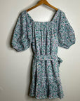 Cleobella 100% Organic Cotton Floral Square Neck Tie Puff Sleeve Mini Dress