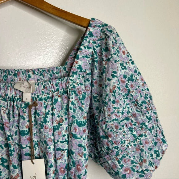 Cleobella 100% Organic Cotton Floral Square Neck Tie Puff Sleeve Mini Dress