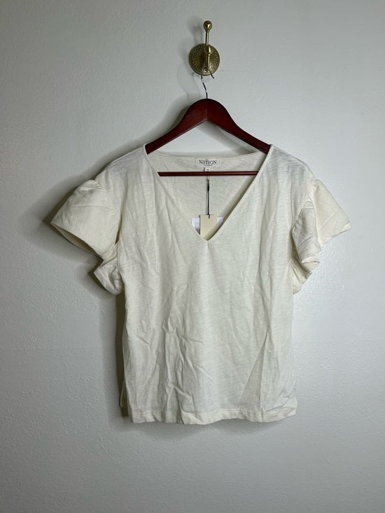 Nation LA 100% Cotton Emmy Cream Flutter Sleeve V - Neck Blouse Top