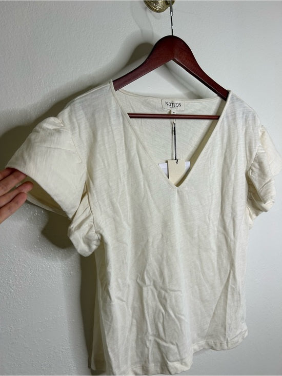 Nation LA 100% Cotton Emmy Cream Flutter Sleeve V - Neck Blouse Top