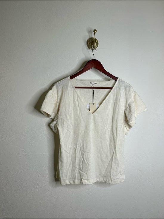 Nation LA 100% Cotton Emmy Cream Flutter Sleeve V - Neck Blouse Top