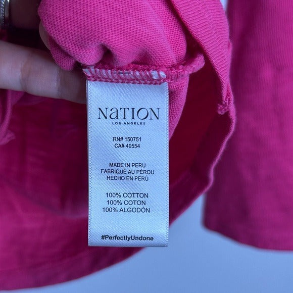 Nation Los Angeles 100% Cotton Bright Pink Long Sleeve Ruched Top