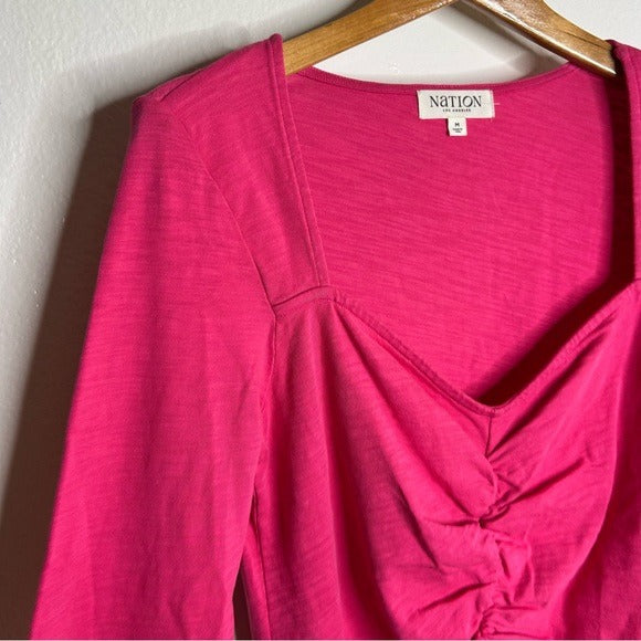 Nation Los Angeles 100% Cotton Bright Pink Long Sleeve Ruched Top