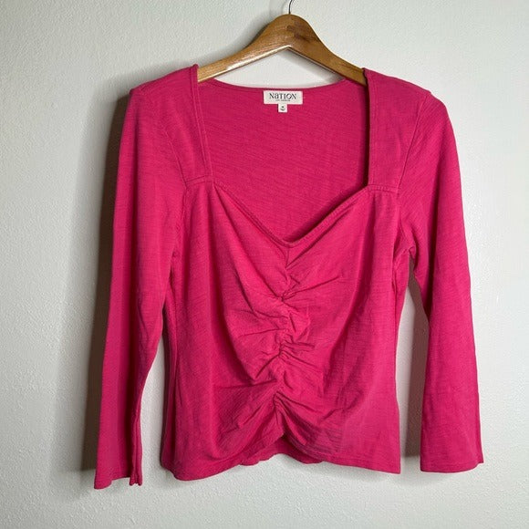 Nation Los Angeles 100% Cotton Bright Pink Long Sleeve Ruched Top