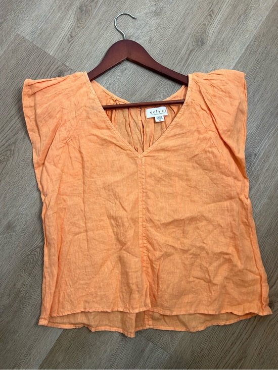 Velvet by Graham &amp;amp; Spencer Velvet By Graham &amp;amp; Spencer 100% Linen Flutter Sleeve V- Neck Orange Blouse - Linen