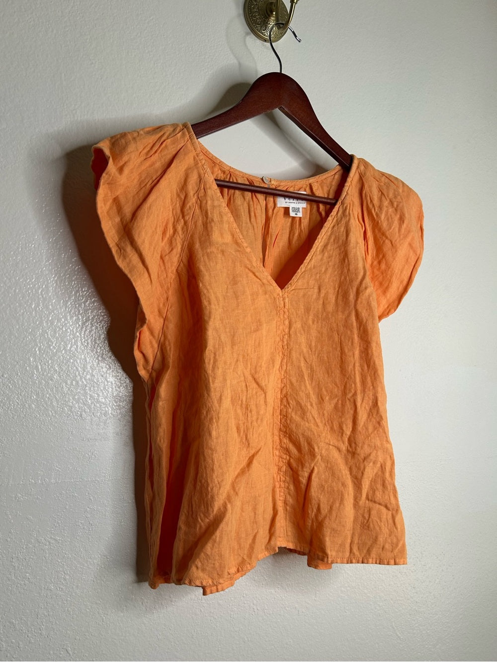 Velvet by Graham &amp;amp; Spencer Velvet By Graham &amp;amp; Spencer 100% Linen Flutter Sleeve V- Neck Orange Blouse - Linen