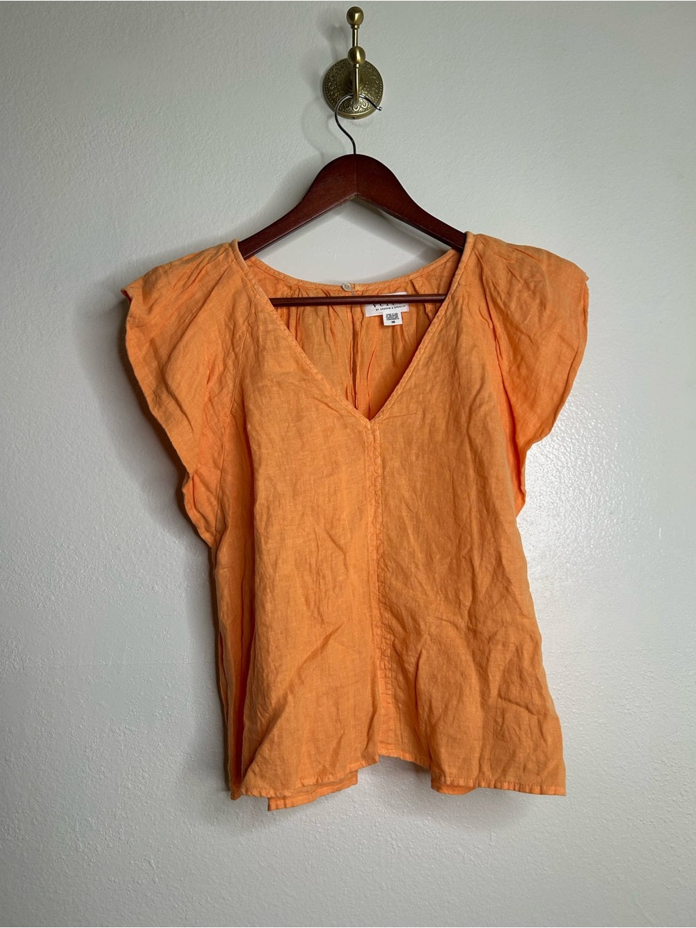 Velvet by Graham &amp;amp; Spencer Velvet By Graham &amp;amp; Spencer 100% Linen Flutter Sleeve V- Neck Orange Blouse - Linen