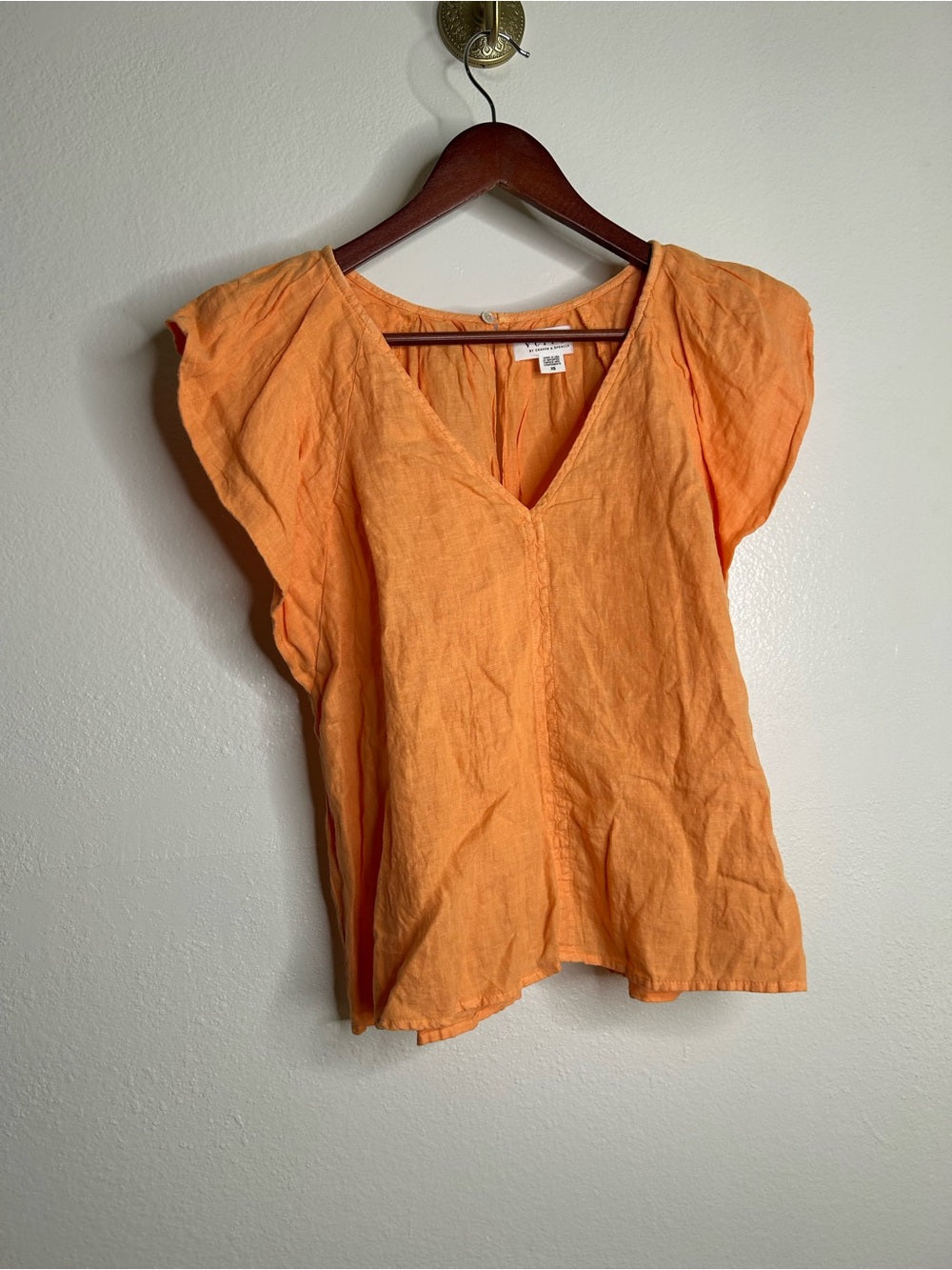 Velvet by Graham &amp;amp; Spencer Velvet By Graham &amp;amp; Spencer 100% Linen Flutter Sleeve V- Neck Orange Blouse - Linen