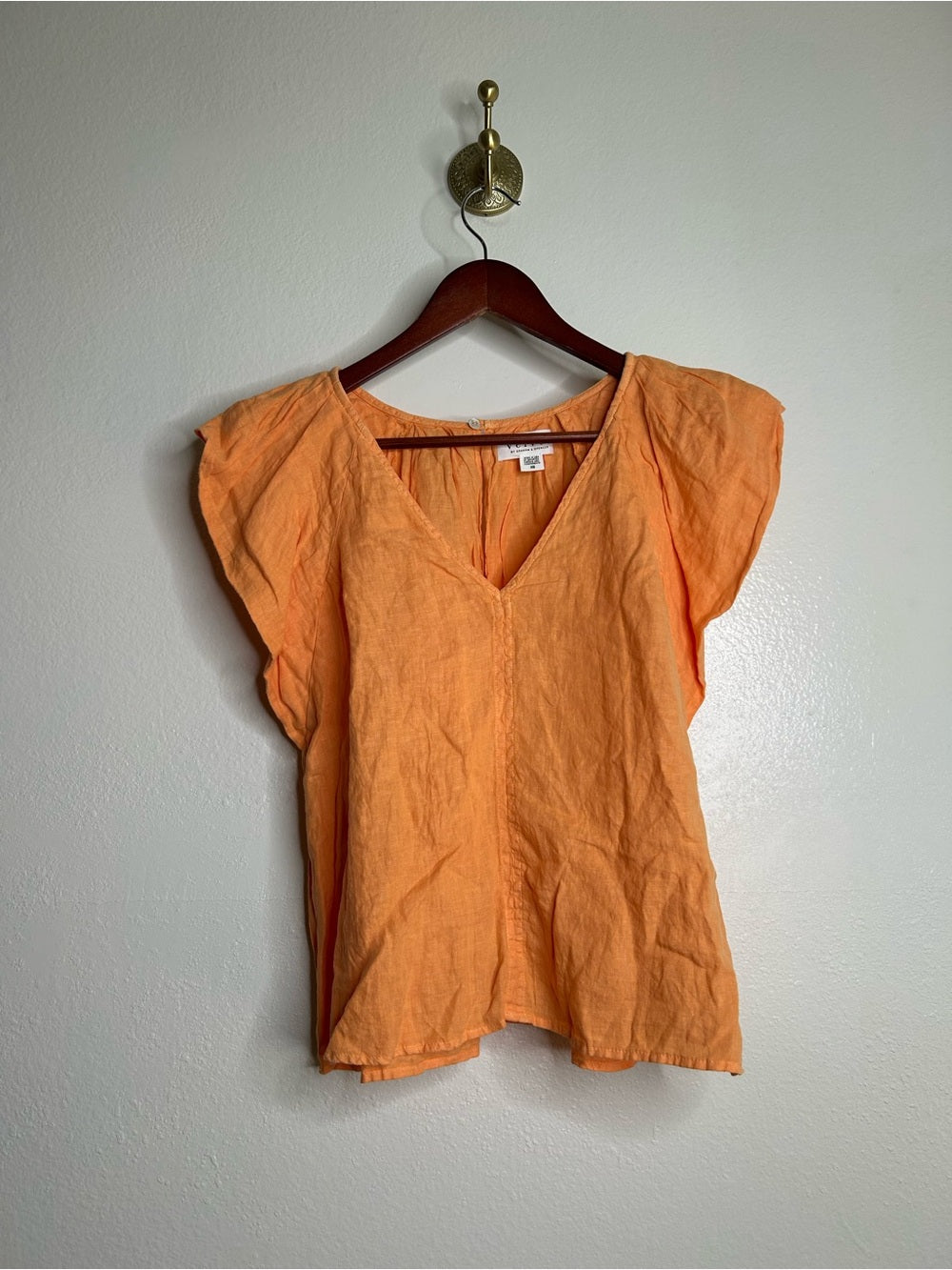 Velvet by Graham &amp;amp; Spencer Velvet By Graham &amp;amp; Spencer 100% Linen Flutter Sleeve V- Neck Orange Blouse - Linen