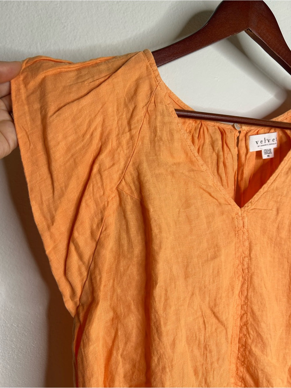 Velvet by Graham &amp;amp; Spencer Velvet By Graham &amp;amp; Spencer 100% Linen Flutter Sleeve V- Neck Orange Blouse - Linen