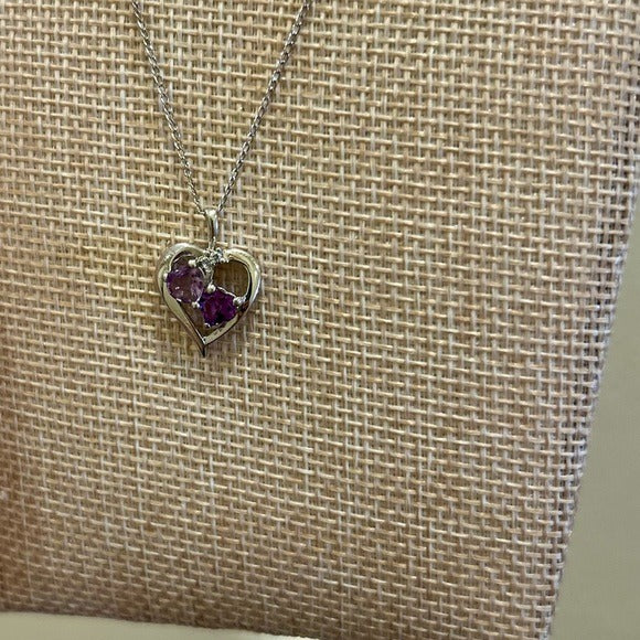 925 Sterling Silver Genuine Amethyst Studded Heart Pendant Necklace