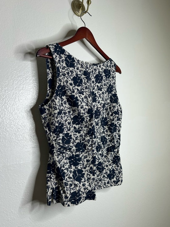 Madewell 100% Linen Boatneck Cinched Floral Tank Top Blouse in Oat