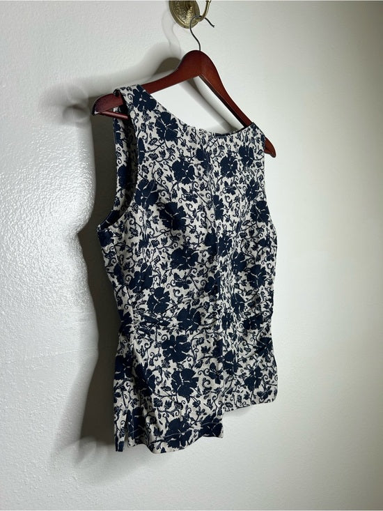 Madewell 100% Linen Boatneck Cinched Floral Tank Top Blouse in Oat