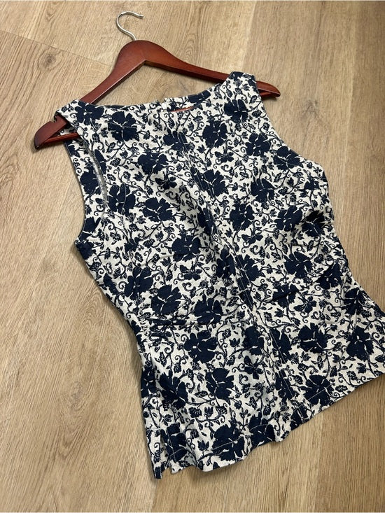 Madewell 100% Linen Boatneck Cinched Floral Tank Top Blouse in Oat
