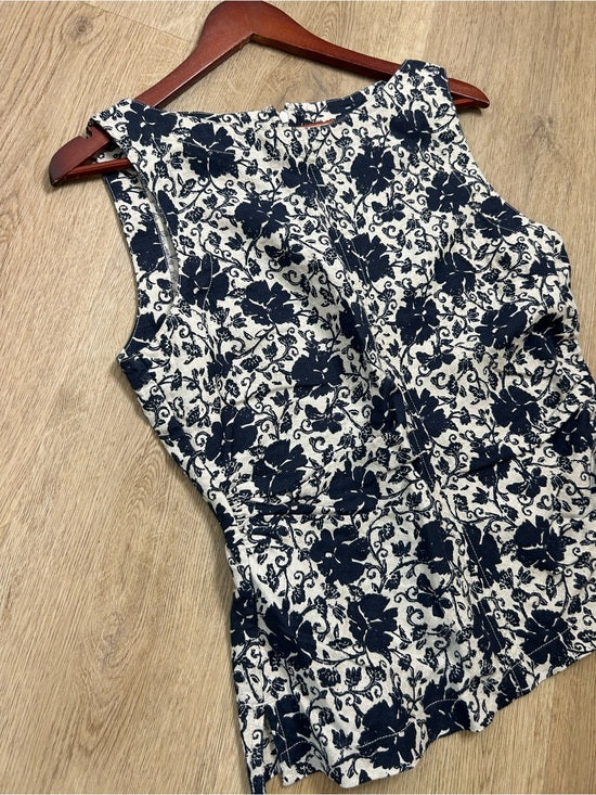 Madewell 100% Linen Boatneck Cinched Floral Tank Top Blouse in Oat