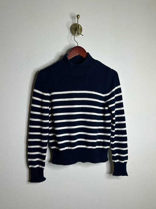 J. Crew 100% Cotton Navy Blue White Striped Turtleneck Knit Sweater