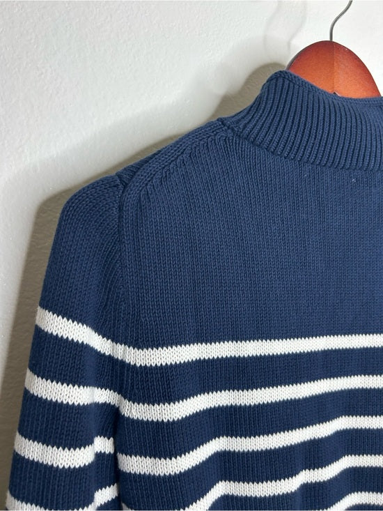 J. Crew 100% Cotton Navy Blue White Striped Turtleneck Knit Sweater