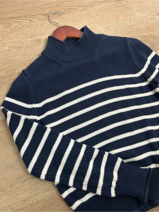 J. Crew 100% Cotton Navy Blue White Striped Turtleneck Knit Sweater