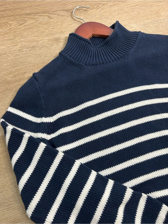J. Crew 100% Cotton Navy Blue White Striped Turtleneck Knit Sweater