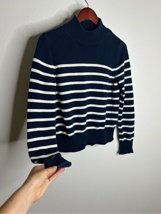 J. Crew 100% Cotton Navy Blue White Striped Turtleneck Knit Sweater