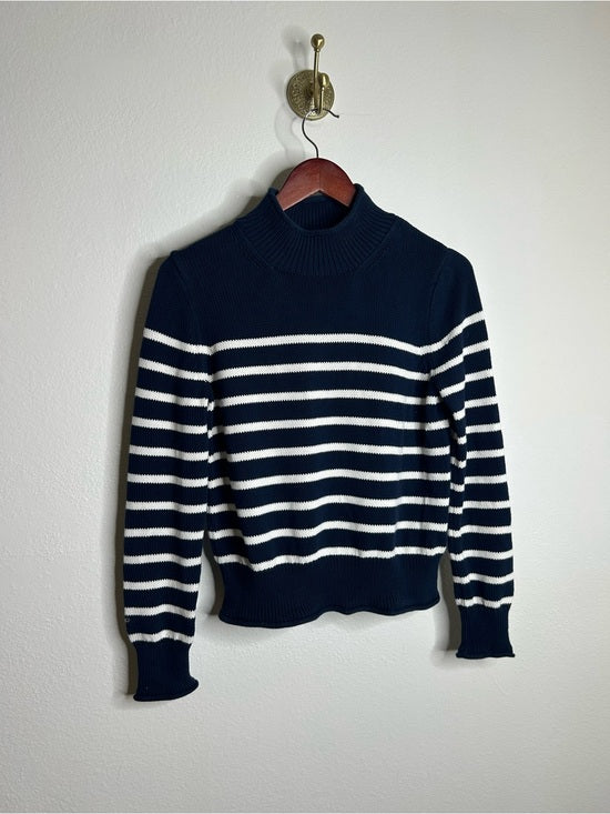 J. Crew 100% Cotton Navy Blue White Striped Turtleneck Knit Sweater