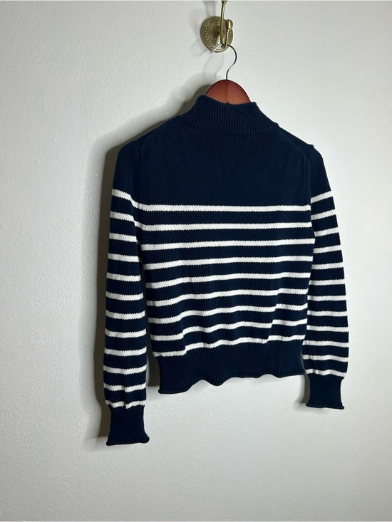 J. Crew 100% Cotton Navy Blue White Striped Turtleneck Knit Sweater