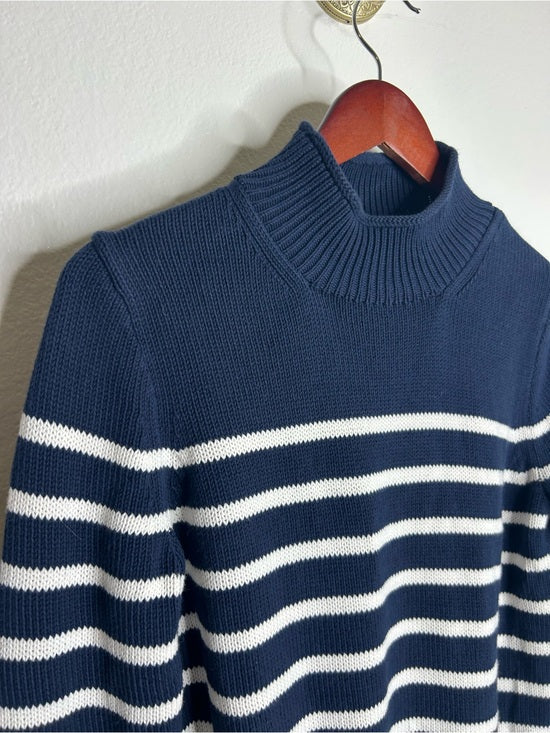 J. Crew 100% Cotton Navy Blue White Striped Turtleneck Knit Sweater