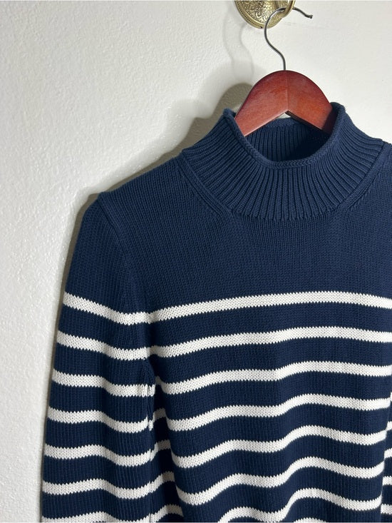 J. Crew 100% Cotton Navy Blue White Striped Turtleneck Knit Sweater