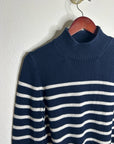 J. Crew 100% Cotton Navy Blue White Striped Turtleneck Knit Sweater