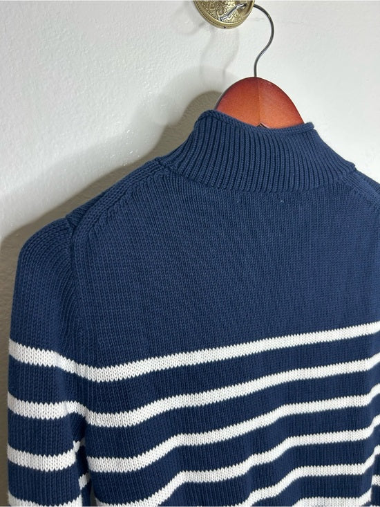 J. Crew 100% Cotton Navy Blue White Striped Turtleneck Knit Sweater