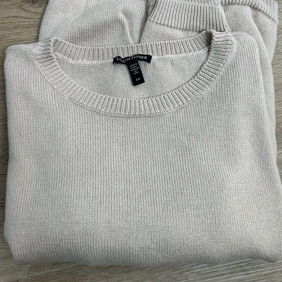 Eileen Fisher Organic Cotton Linen Tan Neutral Knit Pullover Sweater