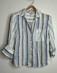 Madewell 100% Linen Striped Blue White Button Down 3/4 Sleeve Top