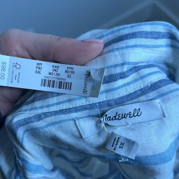 Madewell 100% Linen Striped Blue White Button Down 3/4 Sleeve Top