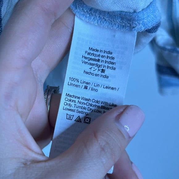 Madewell 100% Linen Striped Blue White Button Down 3/4 Sleeve Top