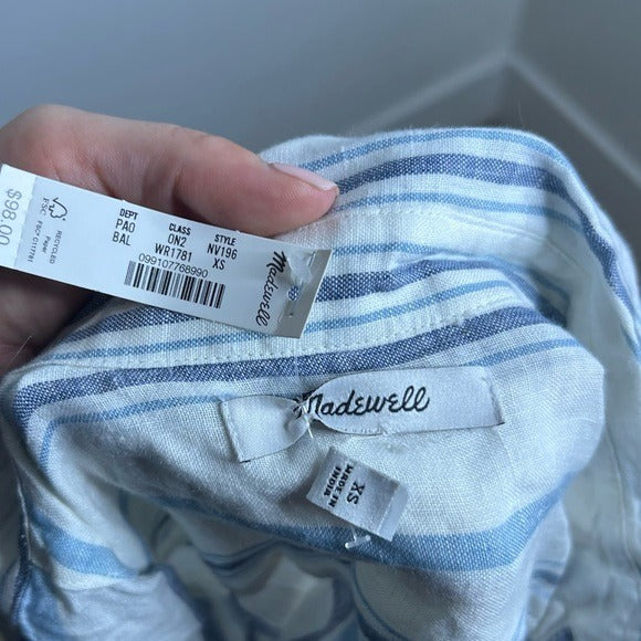 Madewell 100% Linen Striped Blue White Button Down 3/4 Sleeve Top