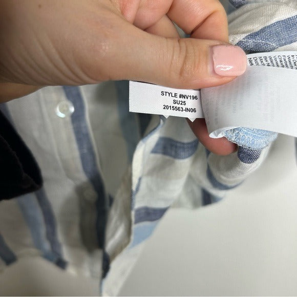 Madewell 100% Linen Striped Blue White Button Down 3/4 Sleeve Top