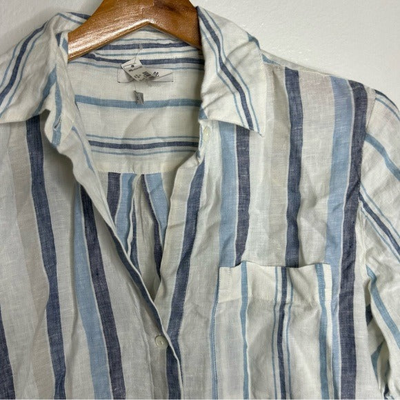 Madewell 100% Linen Striped Blue White Button Down 3/4 Sleeve Top