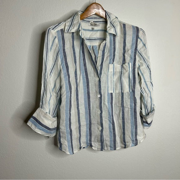 Madewell 100% Linen Striped Blue White Button Down 3/4 Sleeve Top