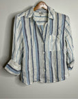 Madewell 100% Linen Striped Blue White Button Down 3/4 Sleeve Top