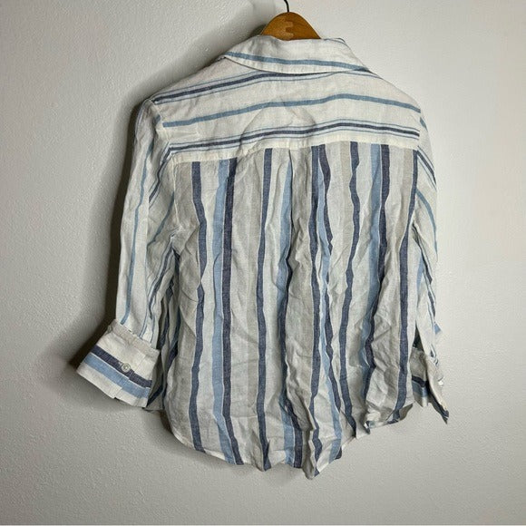 Madewell 100% Linen Striped Blue White Button Down 3/4 Sleeve Top