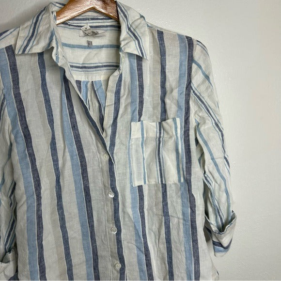 Madewell 100% Linen Striped Blue White Button Down 3/4 Sleeve Top