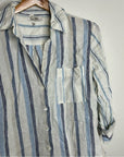 Madewell 100% Linen Striped Blue White Button Down 3/4 Sleeve Top