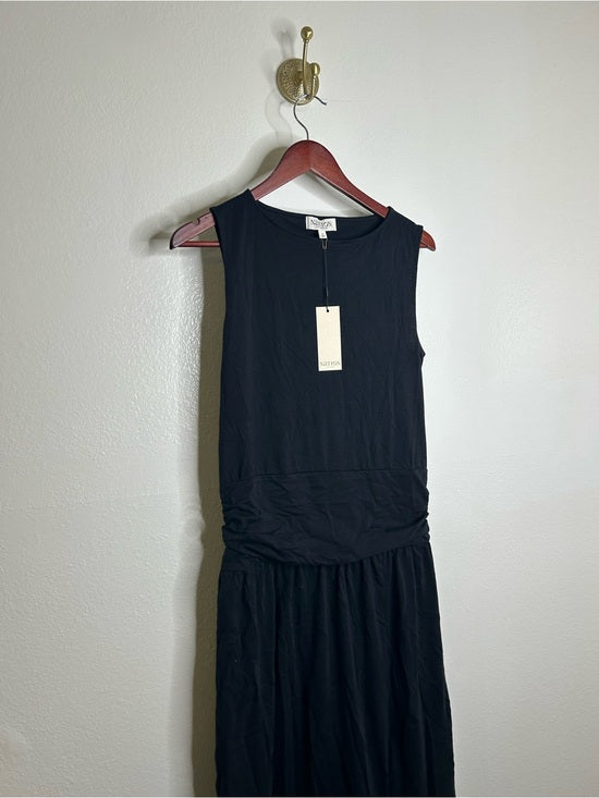 Nation LA 100% Pima Cotton Cleo Midi Dress Drop Waist in Jet Black