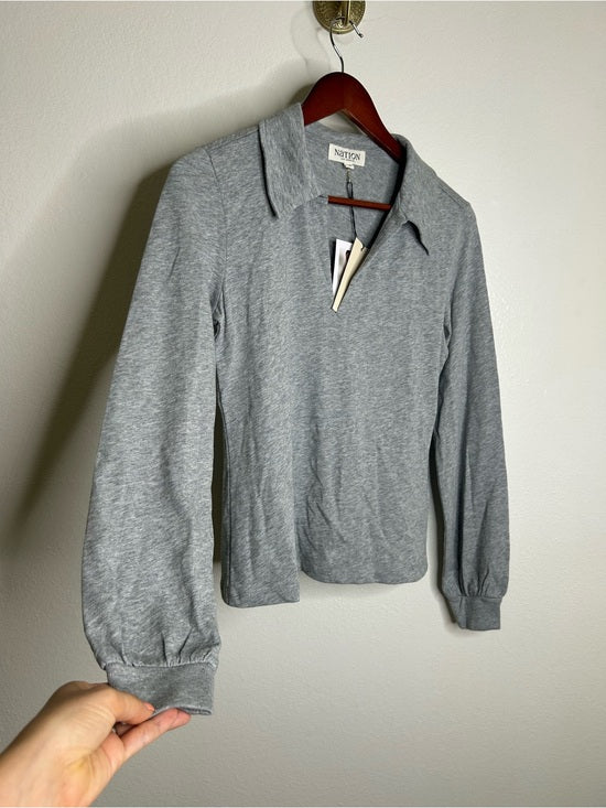 Nation LA 100% Cotton Kimberly Polo Long Sleeve Tee in Gray