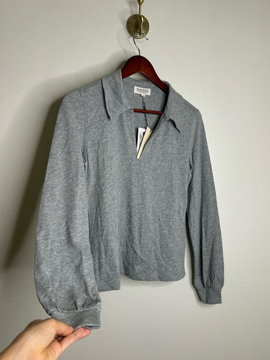 Nation LA 100% Cotton Kimberly Polo Long Sleeve Tee in Gray