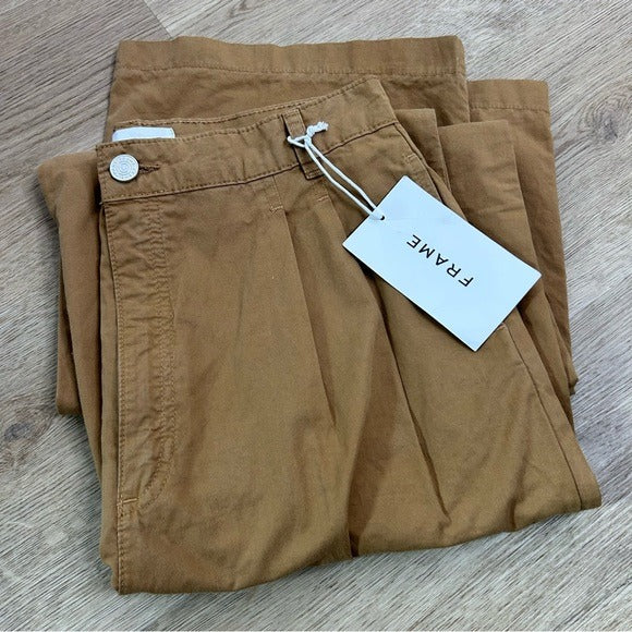 Frame Denim FRAME Denim 100% Cotton Pleated Chino Trouser Tan High Rise Pant - Cotton