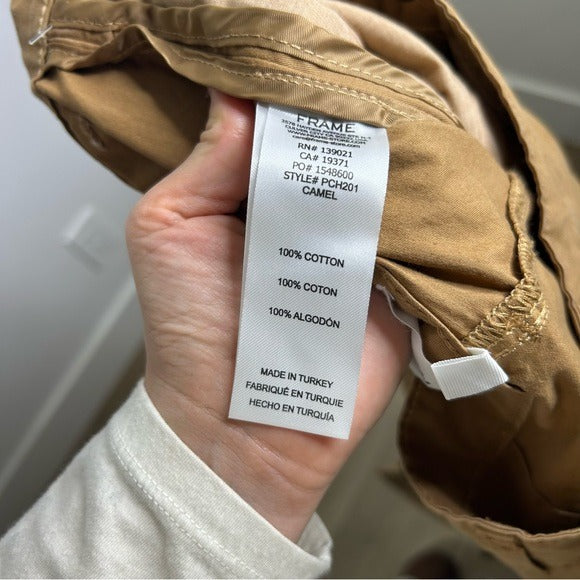 FRAME Denim 100% Cotton Pleated Chino Trouser Tan High Rise Pant