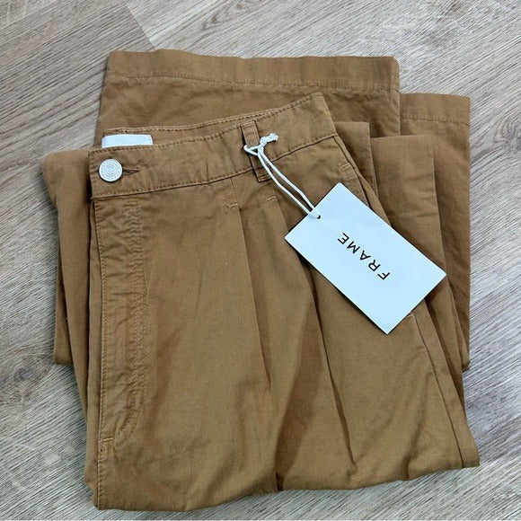 Frame Denim FRAME Denim 100% Cotton Pleated Chino Trouser Tan High Rise Pant - Cotton