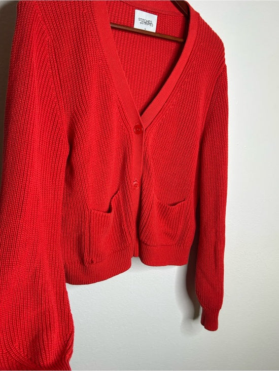 Stitches &amp; Stripes 100% Cotton Red Textured Button Down Cardigan Sweater